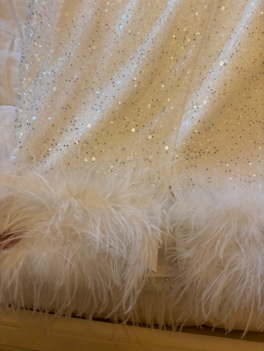 NADINE MERABI “Katie” Ivory Satin Evening Dress with feather trim - Picture 7 of 9